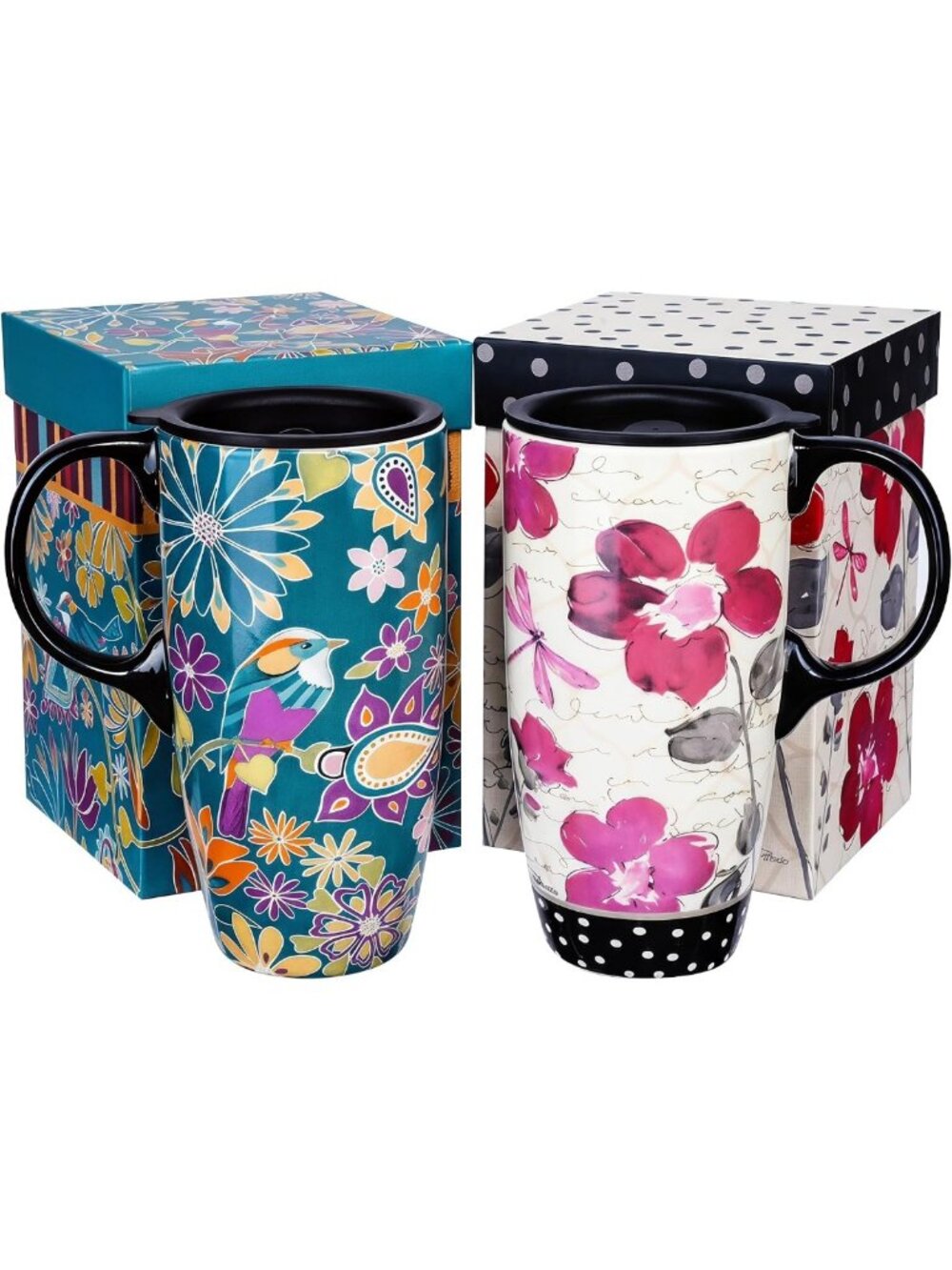 Floral Ceramic Travel Mugs Set of 2, 17oz Coffee Cups with Lids - Perfect for